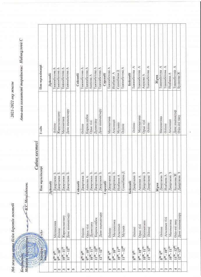 №6 ЖОББМ  Сабақ кестесі      2021-2022 оқу жылы ІІ-ауысым         .