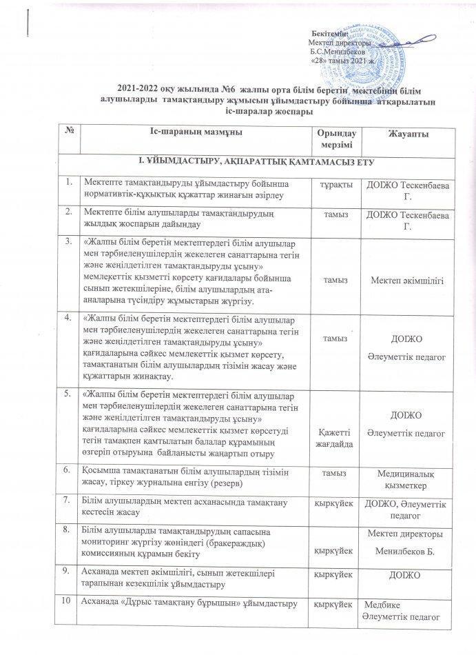 2021-2022 оқу жылында №6 жалпы орта білім беретін мектебінің білім алушыларды тамақтандыру жұмысын ұйымдастыру бойынша атқарылатын іс- шаралар жоспары