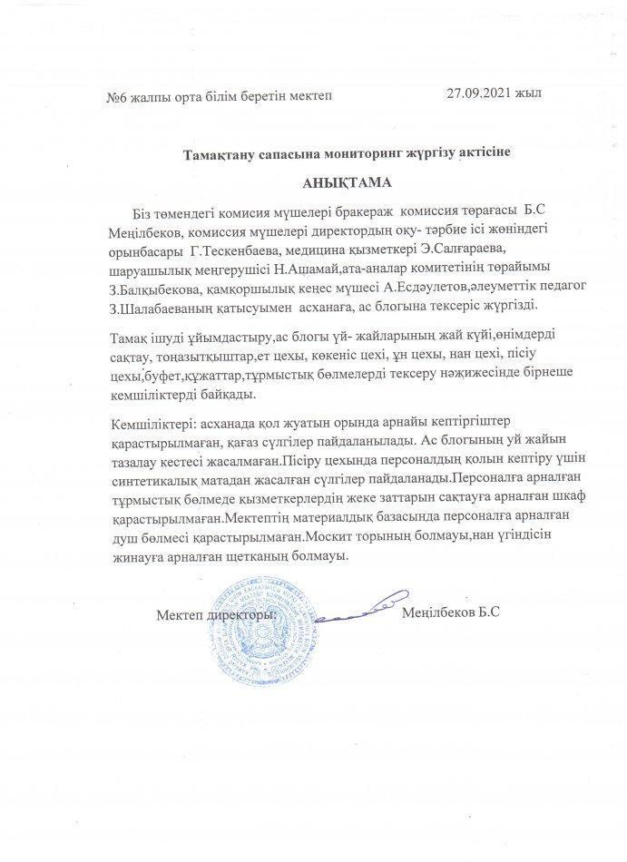Тамақтану сапасына мониторинг жүргізу актісіне анықтама