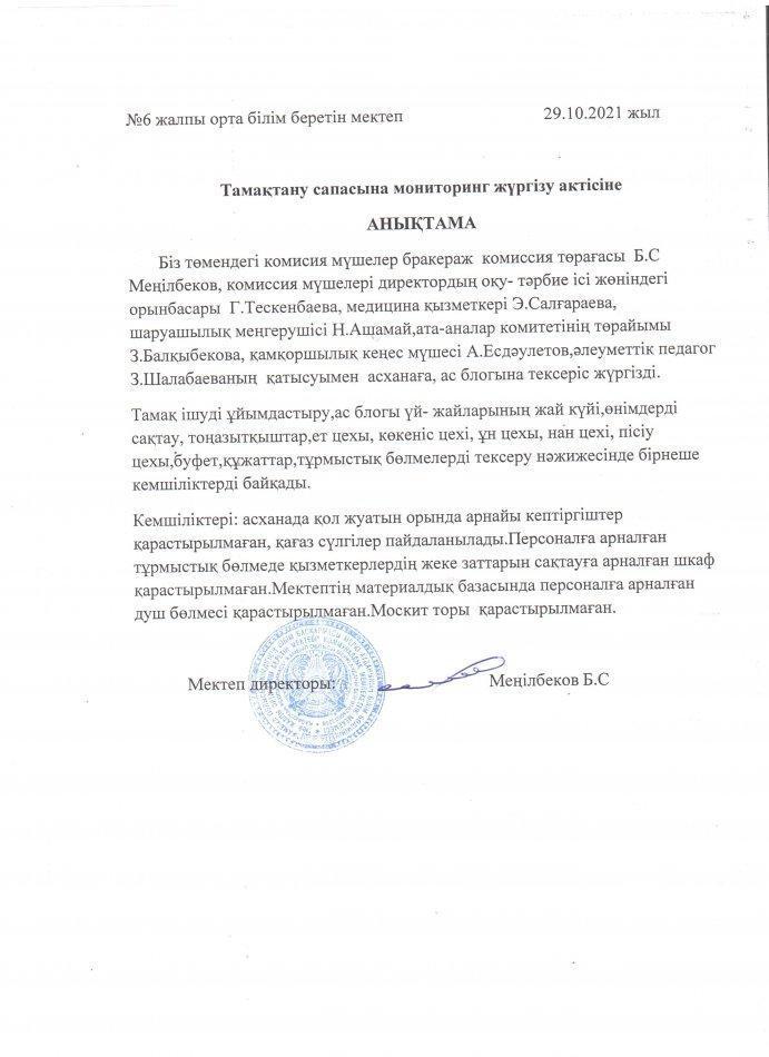 Тамақтану сапасына мониторинг жүргізу актісіне анықтама