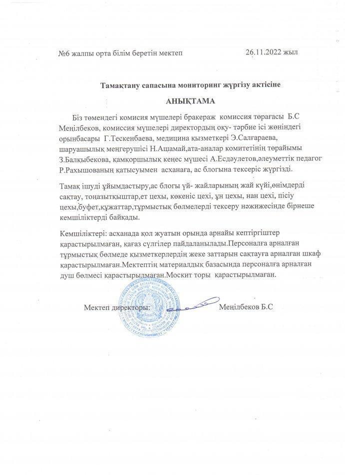 Тамақтану сапасына мониторинг жүргізу актісіне анықтама