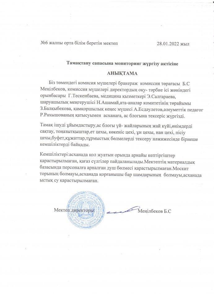 Тамақтану сапасына мониторинг жүргізу актісіне анықтама