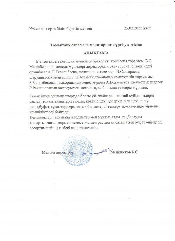 Тамақтану сапасына мониторинг жүргізу актісіне анықтама