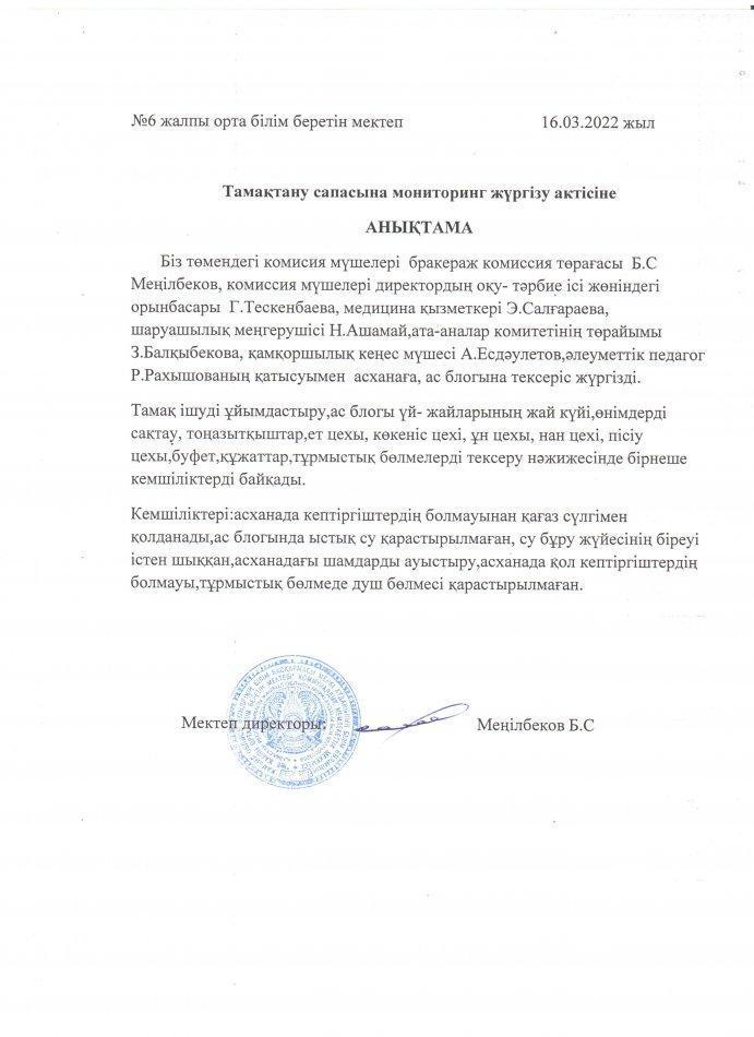 Тамақтану сапасына мониторинг жүргізу актісіне анықтама