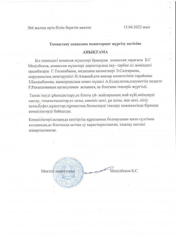Тамақтану сапасына мониторинг жүргізу актісіне анықтама