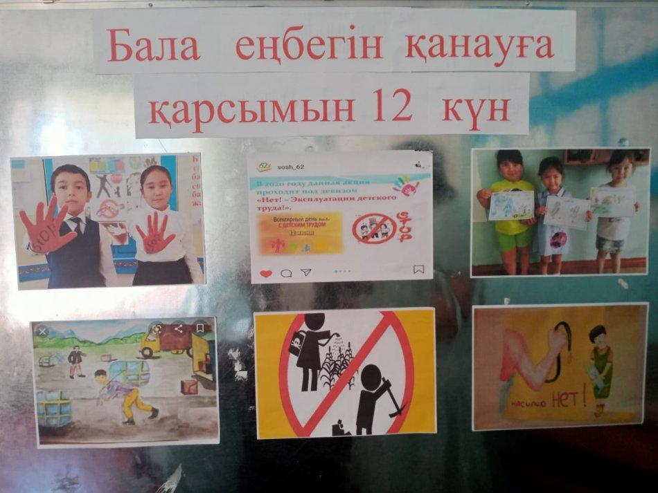 "Бала еңбегін қанауға қарсымын 12 күн" Ұлттық ақпараттық науқанның өтілуіне байланысты бала еңбегін жою мәселесі жөнінде әдістемелік, нормативтік құқықтық әдебиеттерінің көрмесі ұйымдастырылды