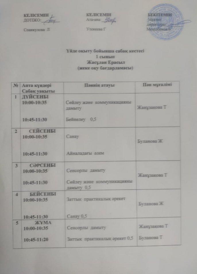 Үйде оқыту сабақ кестесі