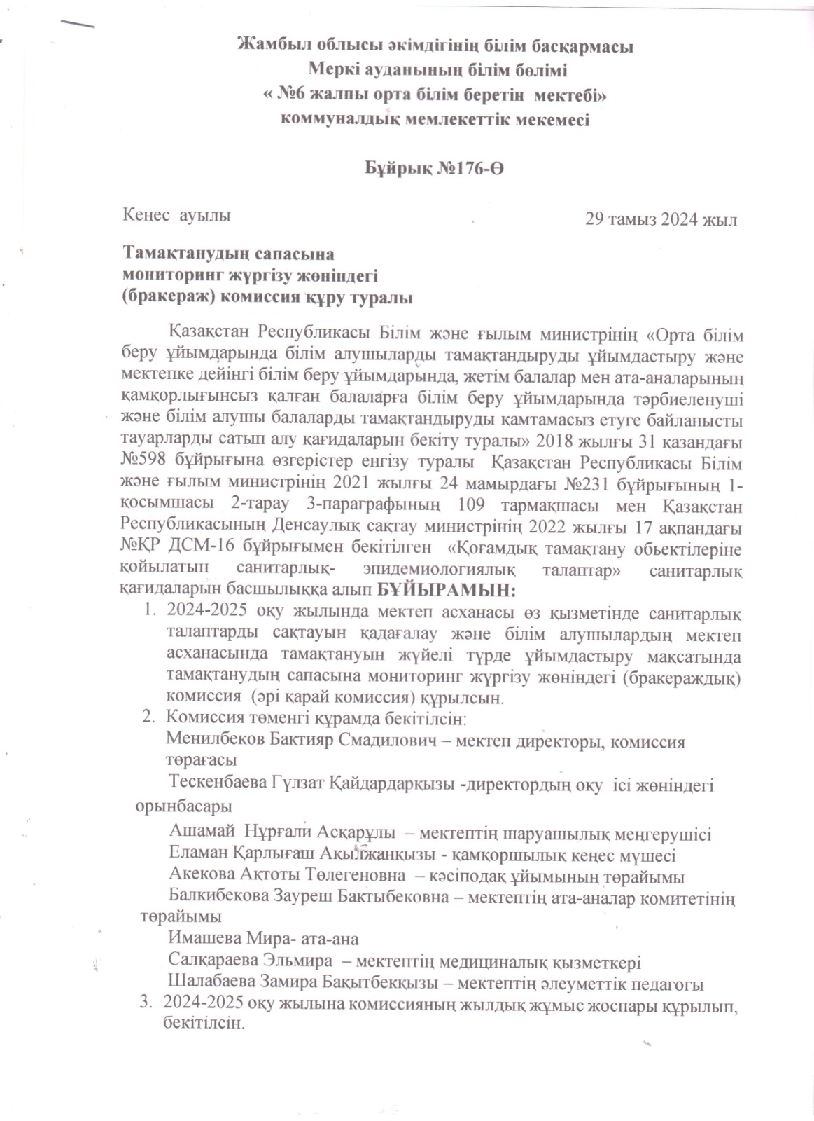Тамақтану сапасына мониторинг жүргізу жқніндегі (бракераж) комиссия құру туралы