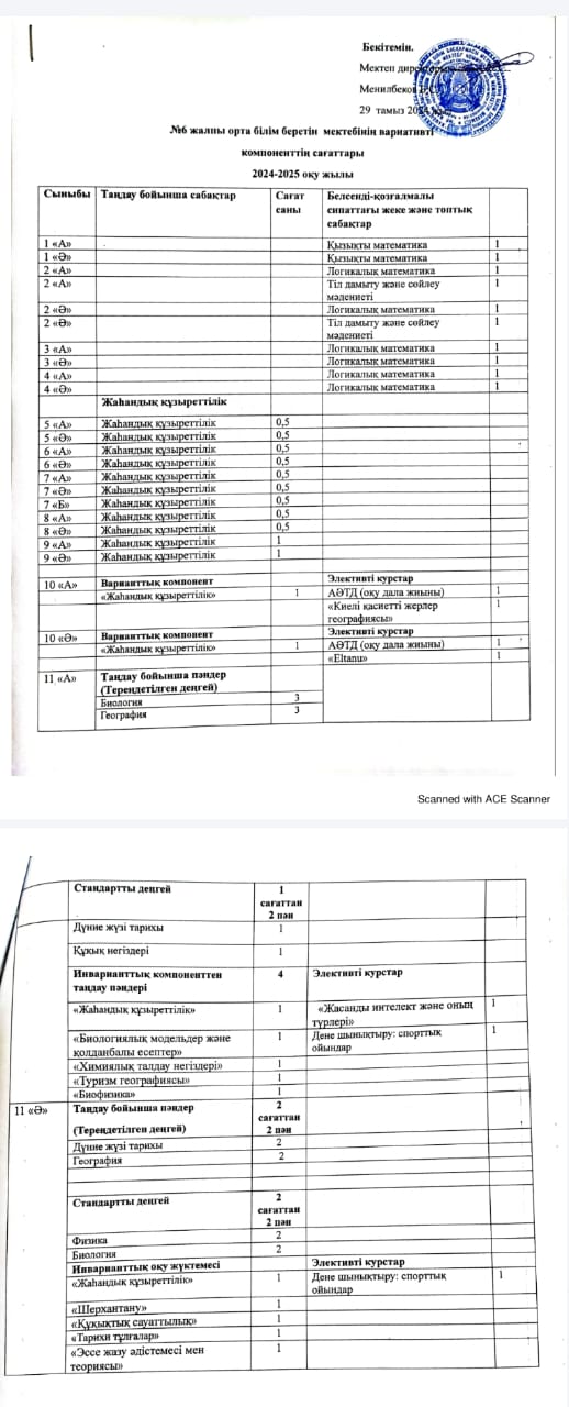 2024-2025 Вариативті компонент сағаттары