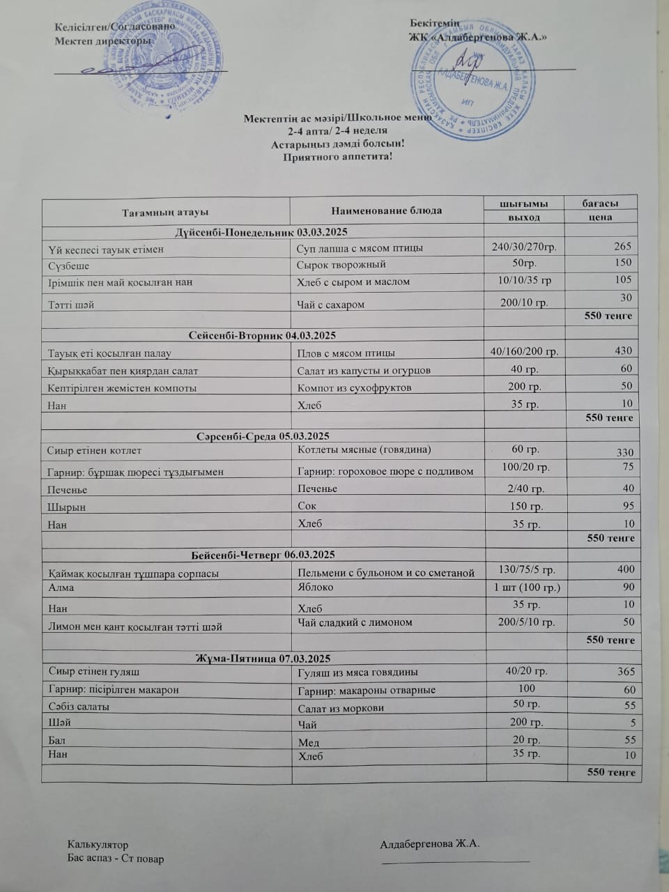 Апталық ас мәзірі