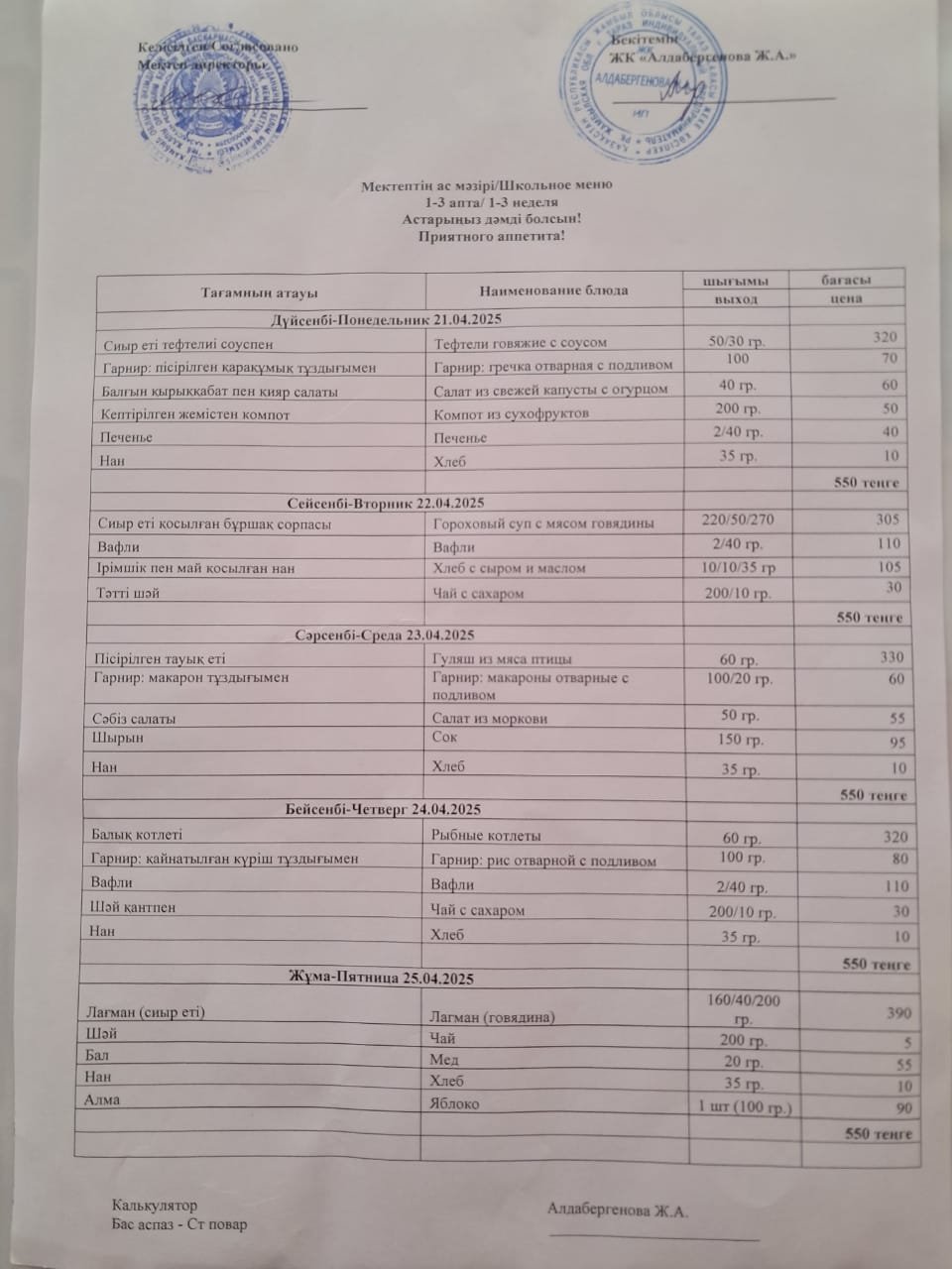 Апталық ас мәзірі