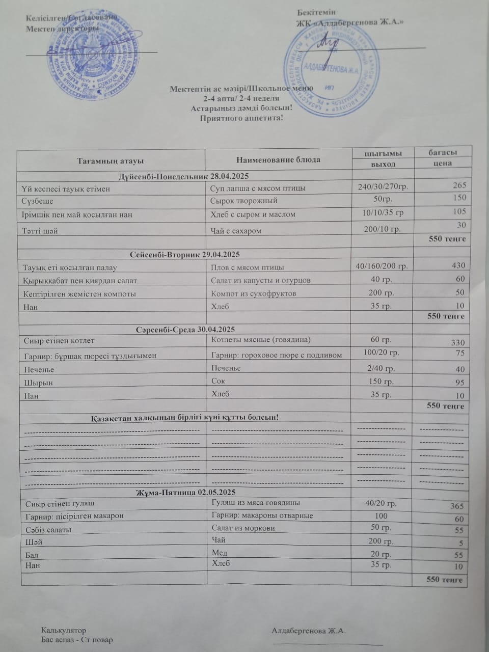 Апталық ас мәзірі