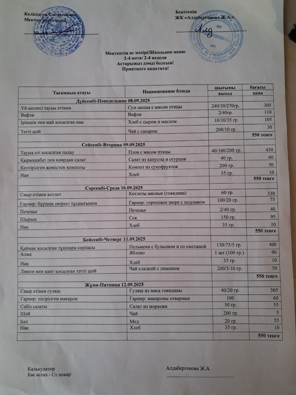 Апталық ас мәзірі