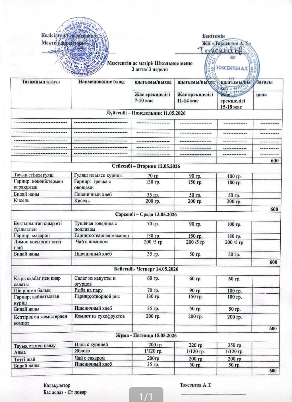 Апталық ас мәзірі